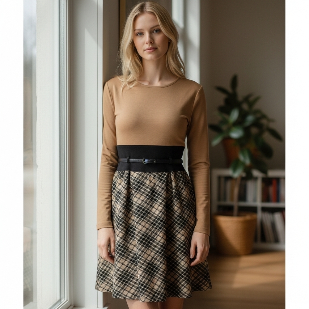 Vintage Tan and Black Plaid Dress